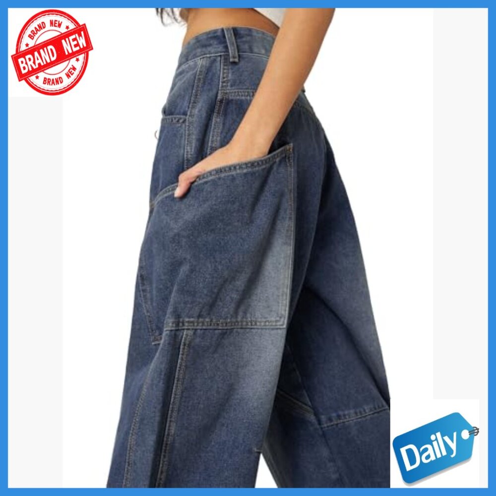 Men's Wide Leg Barrel Cut Jeans with Big Pockets, Unisex Streetwear - Picture 5 of 7